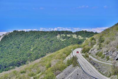 High angle view of road amidst trees against sky