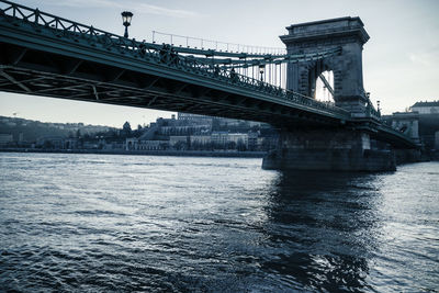 Low angle view of chain bridge over river