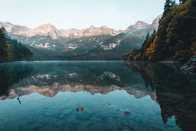 Scenic view of lake and mountains against sky