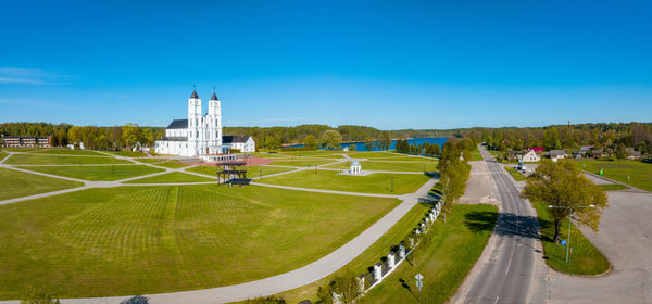 Beautiful aerial view of the white chatolic church basilica in latvia, aglona.