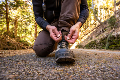 Man hiker ready to go in mountain time to disconnect concept and leisure activity