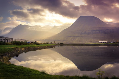 Scenic view of lake and mountains against sky