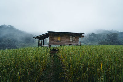 Barn on field against sky