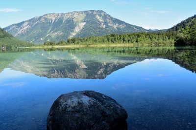 Scenic view of lake and mountains against sky