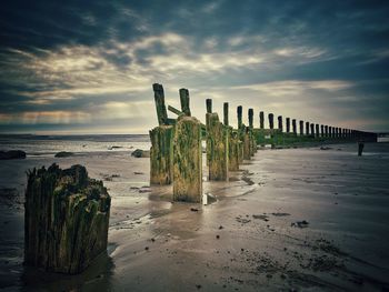 Wooden posts on beach against sky