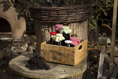 Close-up of strawberries in basket on table