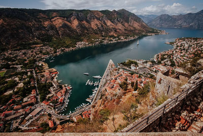 High angle view of dam on lake