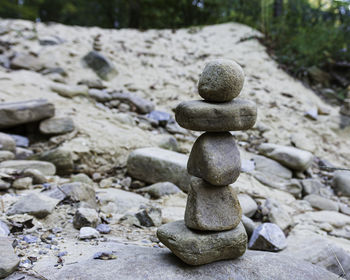 Close-up of stone stack on rock