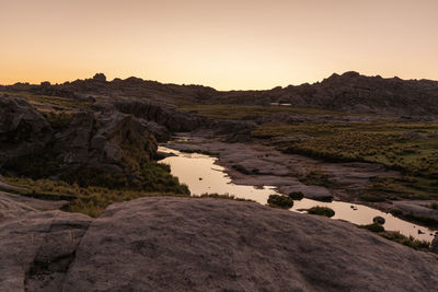 Scenic view of landscape against clear sky during sunset
