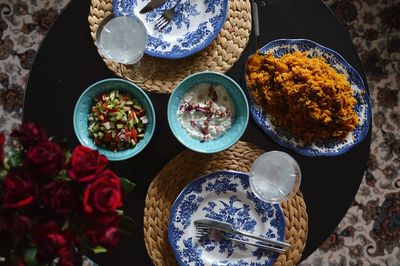 High angle view of flowers in bowl on table