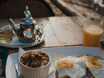 High angle view of breakfast served on table