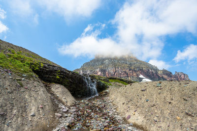 Low angle view of rocky mountain against sky