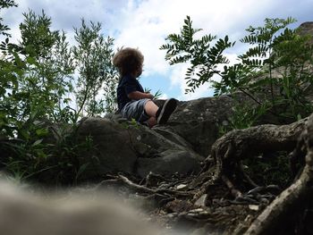 Low angle view of woman standing on tree