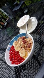 High angle view of breakfast served on table