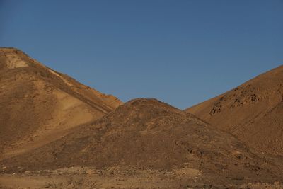 Scenic view of desert against clear blue sky