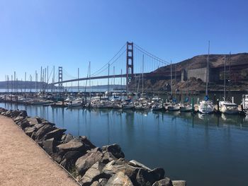 Boats moored at harbor