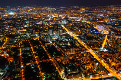 Aerial view of night streets and squares of barcelona, spain