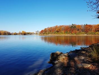 Scenic view of lake against clear blue sky