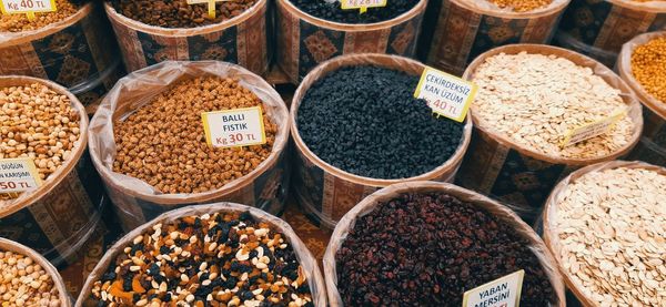 High angle view of food for sale at market stall