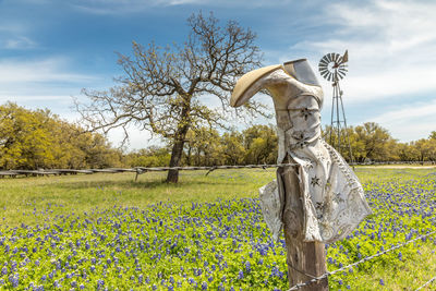 Statue by trees on field against sky