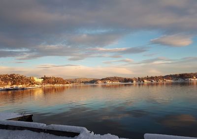 Scenic view of lake against sky during sunset