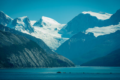 Scenic view of sea and snowcapped mountains against sky