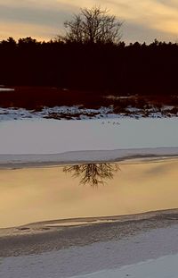 Scenic view of beach against sky at sunset