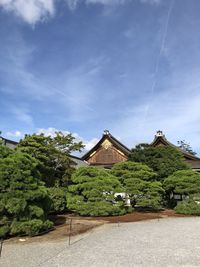 Plants and trees by building against sky