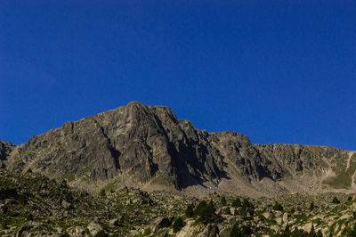 Scenic view of rocky mountains against clear blue sky