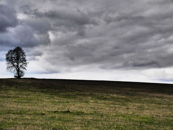Scenic view of grassy field against cloudy sky