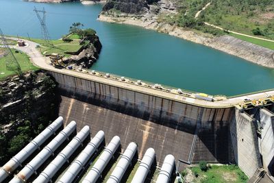 High angle view of dam against sky