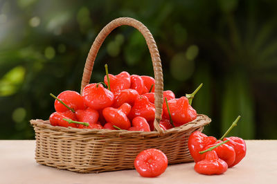 Close-up of strawberries in basket on table