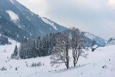 Scenic view of snow covered mountains against sky