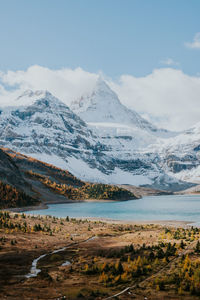 Scenic view of lake by snowcapped mountains against sky