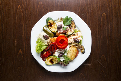 High angle view of salad in plate on table