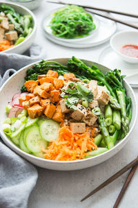 High angle view of salad in bowl on table