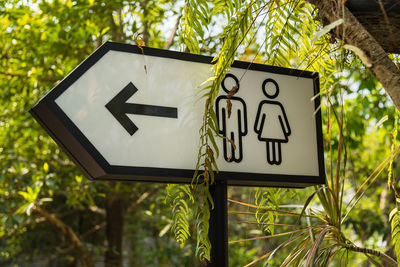 Low angle view of road sign against trees