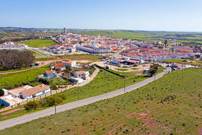 High angle view of buildings against sky