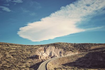 Dirt road amidst landscape against sky