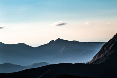 Scenic view of silhouette mountains against sky during sunset