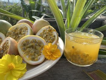 Close-up of yellow served on table