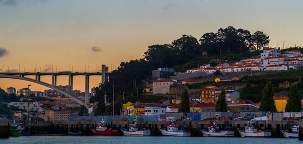 View of city at waterfront during sunset