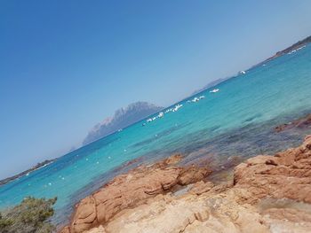 Scenic view of sea against clear blue sky