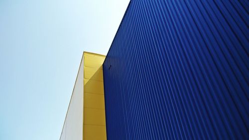 Low angle view of modern building against clear blue sky