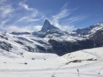 Scenic view of snow covered mountains against sky