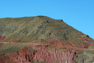 Scenic view of mountains against clear blue sky