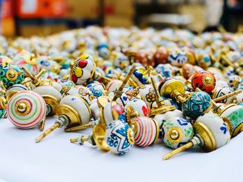 Close-up of colorful decorations on table