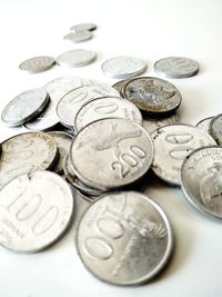 High angle view of coins on table