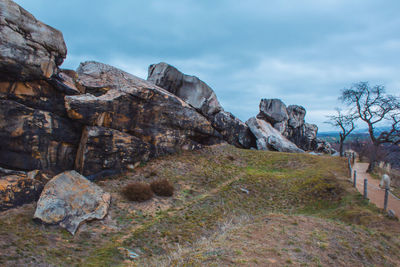 Rock formations on landscape against sky