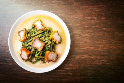 High angle view of food in plate on table